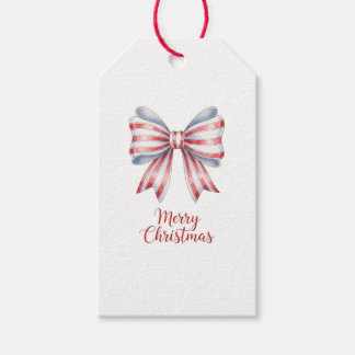 Watercolor Red & Blue Bow Merry Christmas Tag Geschenkanhänger