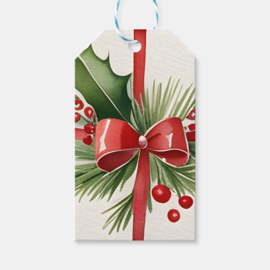 Watercolor Red Bow and Greenerity Weihnachtsgesche Geschenkanhänger (Vorderseite)