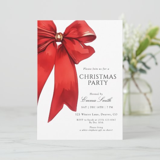 Watercolor Red Bow Christmas Party Invitation Einladung (Stehend Vorderseite)