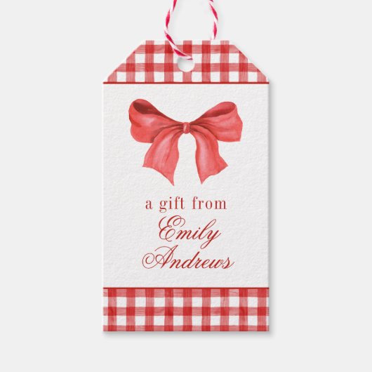 Watercolor Red Bow Gingham Geschenkanhänger (Vorderseite)