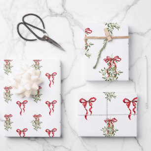 Watercolor Red Bow Mistletoe Weihnachten Geschenkpapier Set