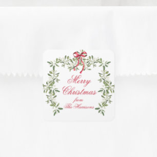 Watercolor Red Bow Mistletoe Weihnachtsgeschenk Quadratischer Aufkleber