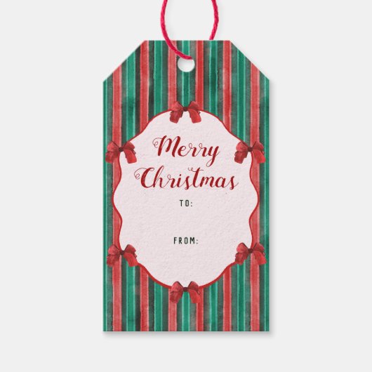 Watercolor Red Bows Stripes To From Christmas Geschenkanhänger (Vorderseite)