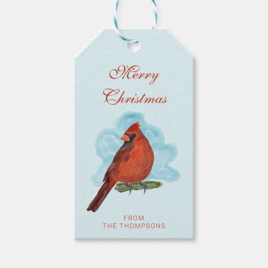 Watercolor Red Cardinal Bird Merry Christmas Blue Geschenkanhänger (Vorderseite)