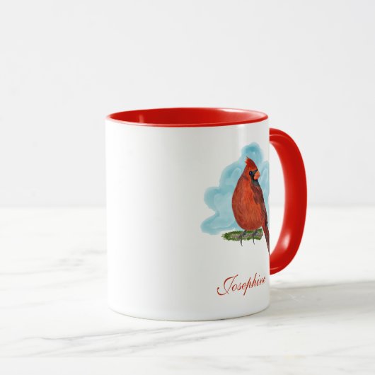 Watercolor Red Cardinal Bird With Name Tasse (VorderseiteRechts)