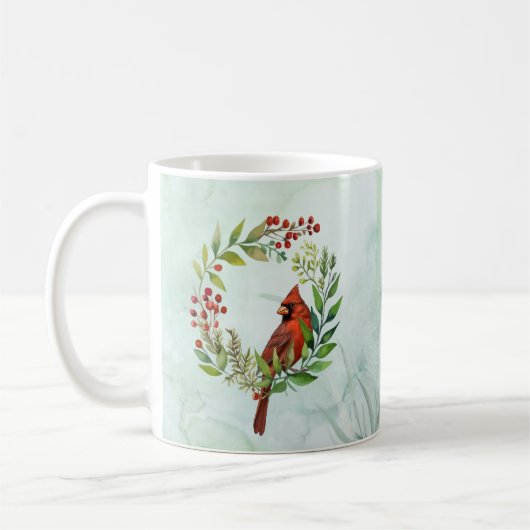 Watercolor Red Cardinal Bird Wreath Christmas Kaffeetasse (Links)