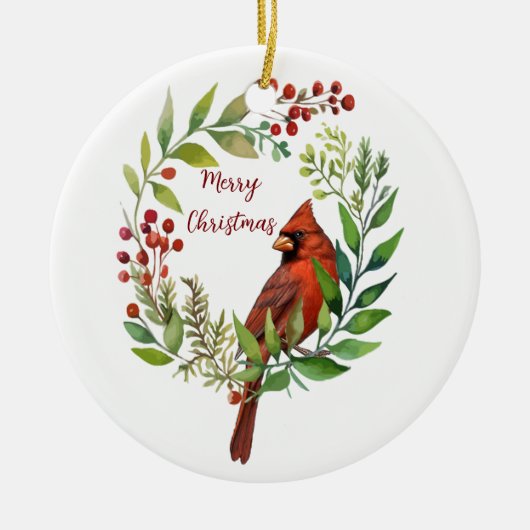 Watercolor Red Cardinal Bird Wreath Christmas Keramik Ornament (Vorne)