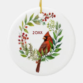 Watercolor Red Cardinal Bird Wreath Christmas Keramik Ornament (Hinten)