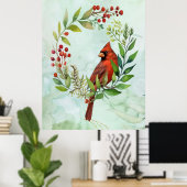 Watercolor Red Cardinal Bird Wreath Christmas Poster (Heimbüro)