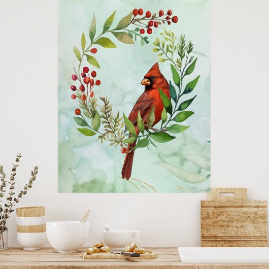 Watercolor Red Cardinal Bird Wreath Christmas Poster (Küche)