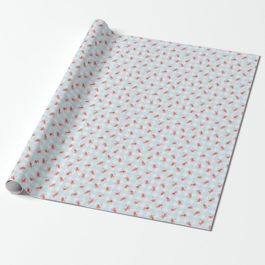 Watercolor Red Cherry Pastel Blue Gingham Geschenkpapier (Ungerollt)
