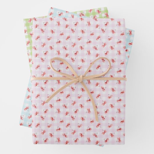 Watercolor Red Cherry Pastel Color Gingham Geschenkpapier Set (Beispiel)