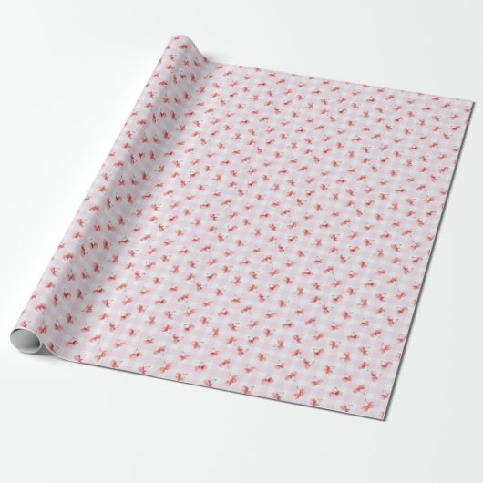 Watercolor Red Cherry Pastel Pink Gingham Geschenkpapier (Ungerollt)
