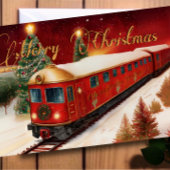 Watercolor Red Christmas Trolley Holiday Foto Karte