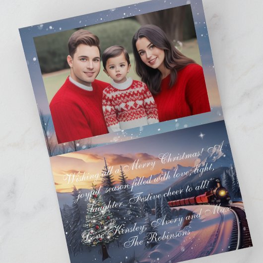 Watercolor Red Christmas Trolley Holiday Foto Karte