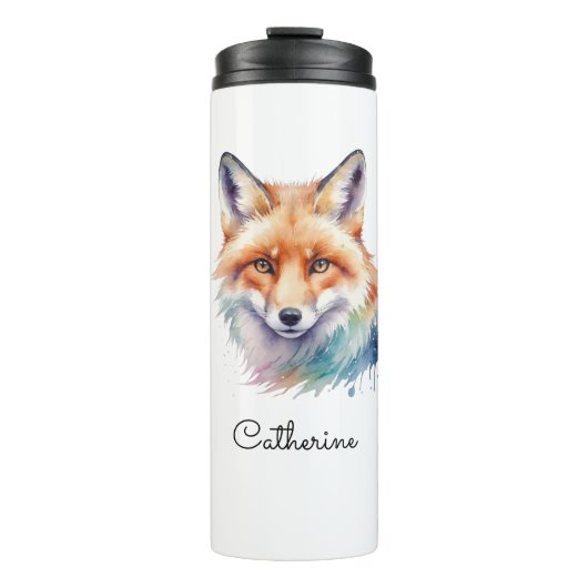 Watercolor Red Fox Portrait Personalized Name Thermosbecher (Vorderseite)
