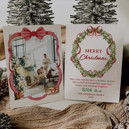 Watercolor Red Green Bow Wreath Foto Weihnachten