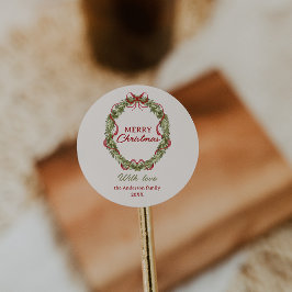 Watercolor Red Green Bow Wreath Frohe Weihnachten Runder Aufkleber