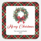 Watercolor Red Green Plaid Christmas Wreath Labels Quadratischer Aufkleber (Vorderseite)