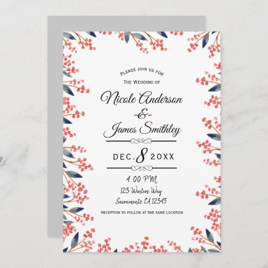 Watercolor Red Holiday Winter Berries Hochzeit Einladung (Vorne/Hinten)