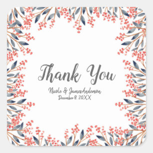 Watercolor Red Holiday Winter Berries Hochzeit Quadratischer Aufkleber