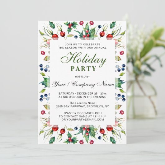 Watercolor Red Holly Berry Holiday Party Einladung (Stehend Vorderseite)