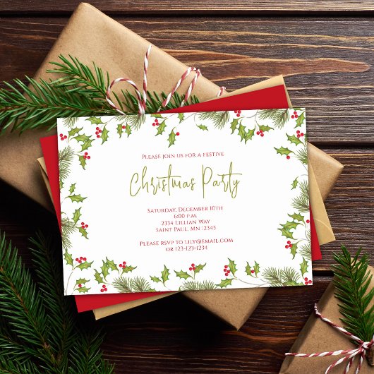 Watercolor Red Holly Christmas Party Custom Einladung