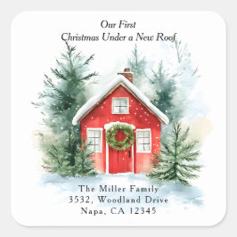 Watercolor Red House New Address Return Address Quadratischer Aufkleber