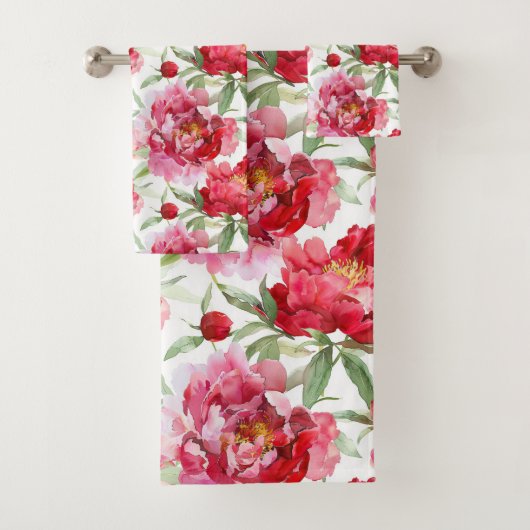 Watercolor Red Peony Pattern Badhandtuch Set (Insitu)