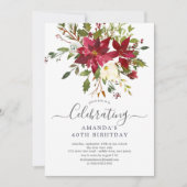 Watercolor Red Poinsettia Holly Birthday Party Einladung (Vorderseite)
