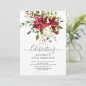 Watercolor Red Poinsettia Holly Birthday Party Einladung (Stehend Vorderseite)