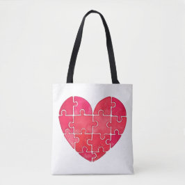 Watercolor red puzzle heart, red hearts pattern tasche