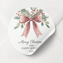 Watercolor Red Ribbon Bow Holly Simple Christmas Runder Aufkleber