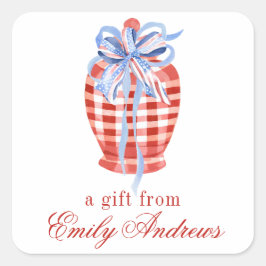 Watercolor Red & White Gingham Bow Ginger Jar Quadratischer Aufkleber