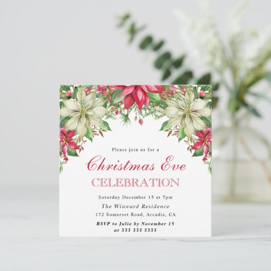 Watercolor Red & White Poinsettia Weihnachtsabend Einladung (Stehend Vorderseite)