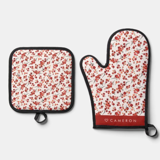 Watercolor Red Winterberry Pattern Weihnachten Ofenhandschuh & Topflappen-Set (Vorderseite)