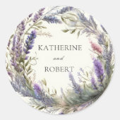 Watercolor Regal Lavender Wreath Monogram Wedding Runder Aufkleber (Vorderseite)