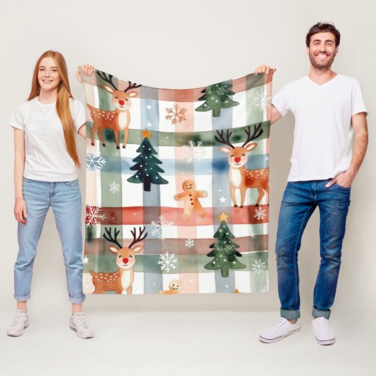 Watercolor Reindeer Gingerbread Man Snowflake Tree Fleecedecke (Beispiel)
