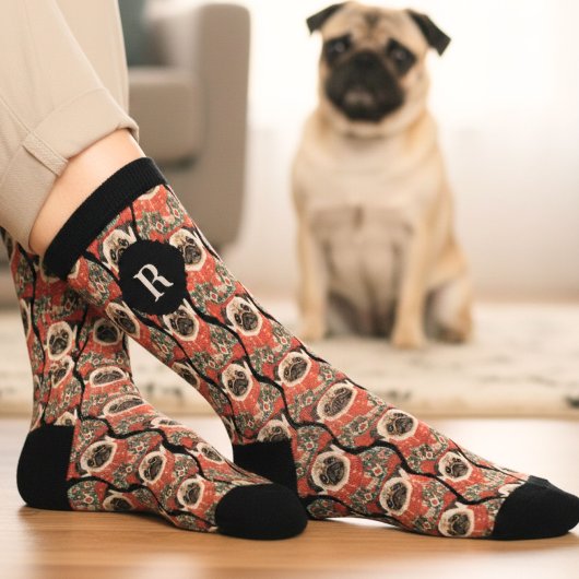Watercolor Retro Pug Dog Monogram Socks Socken