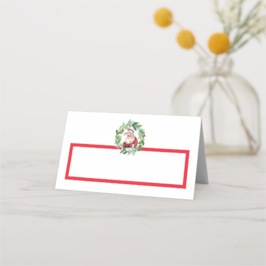 Watercolor Retro Santa Red Check Christmas Platzkarte (Vorderseite)