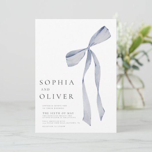 Watercolor Ribbon Bow Dusty Blue Wedding Einladung (Stehend Vorderseite)