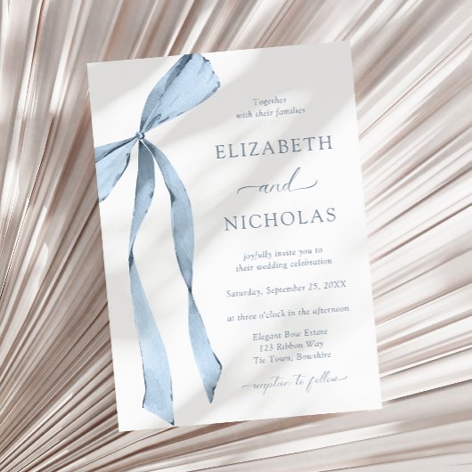 Watercolor Ribbon Bow Dusty Blue Wedding Einladung