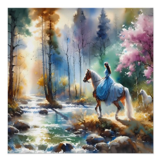Watercolor River Horsewoman Forest Light Poster (Vorderseite)