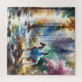 Watercolor River Horsewoman Forest Light Puzzle (Horizontal)