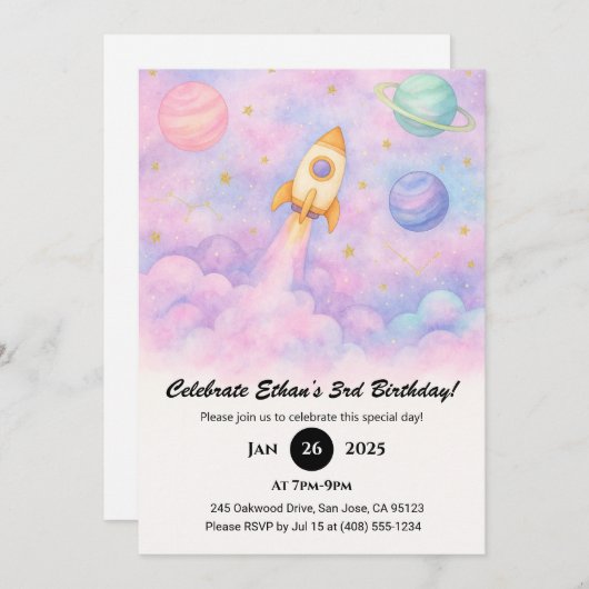 Watercolor Rocket & Dreamy Galaxy Birthday Einladung (Vorne/Hinten)