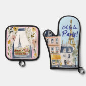 Watercolor Romantic Paris Kitchen Artistry Ofenhandschuh & Topflappen-Set (Vorderseite)