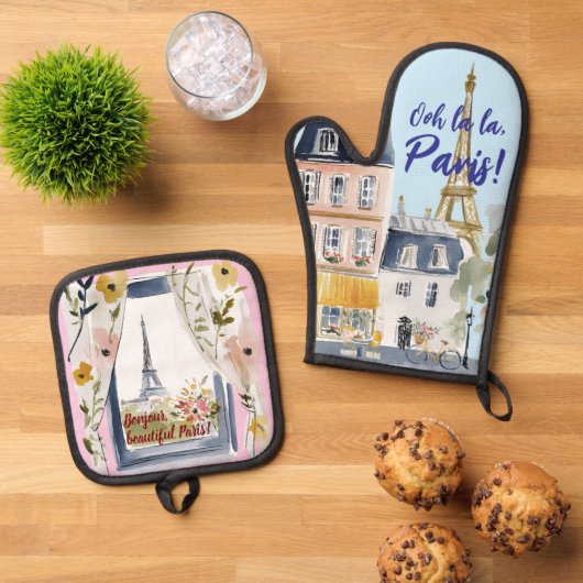 Watercolor Romantic Paris Kitchen Artistry Ofenhandschuh & Topflappen-Set (Oben Unten)
