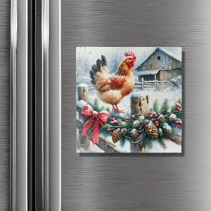 Watercolor Rooster auf dem Zaun nach Weihnachten Magnet