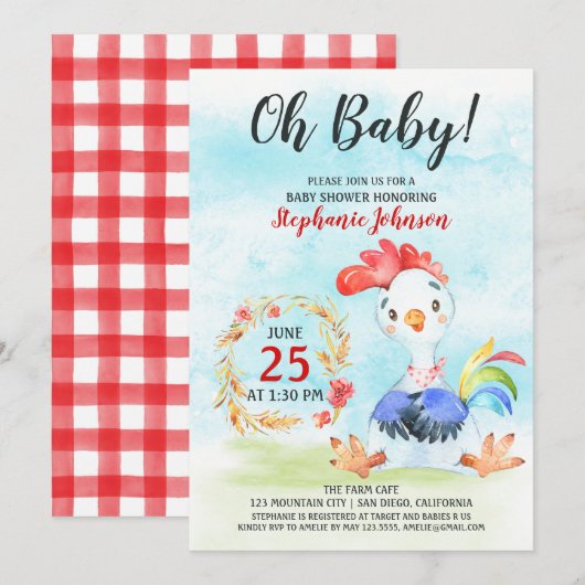 Watercolor Rooster Baby Dusche Farm Einladung (Vorne/Hinten)