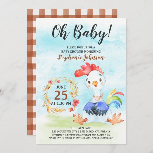 Watercolor Rooster Baby Dusche Farm Einladung (Vorne/Hinten)